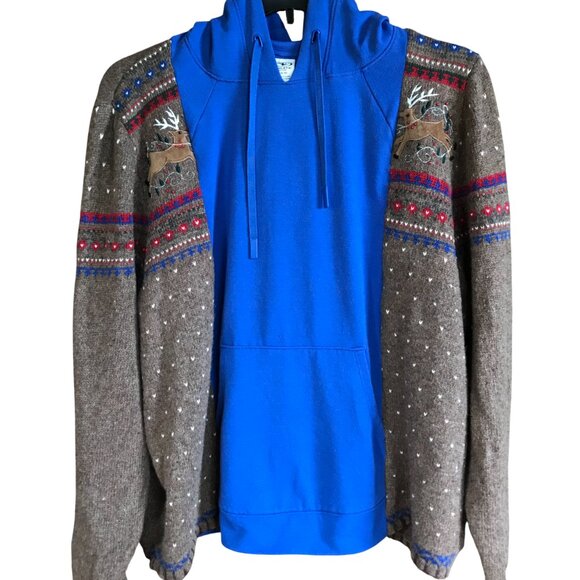Upcycled Hoodie, Reindeer Sweater Sleeves, L-XL: Christmas Sweatshirt Jacket - Picture 1 of 12
